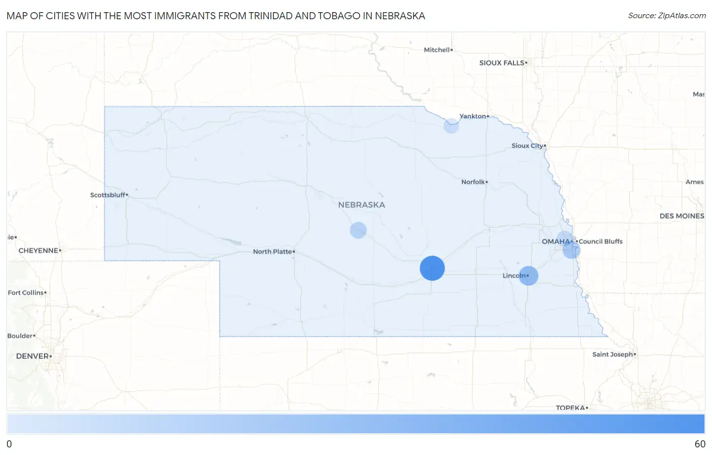 Cities with the Most Immigrants from Trinidad and Tobago in Nebraska Map