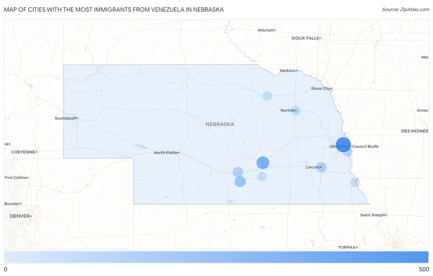 Cities with the Most Immigrants from Venezuela in Nebraska Map
