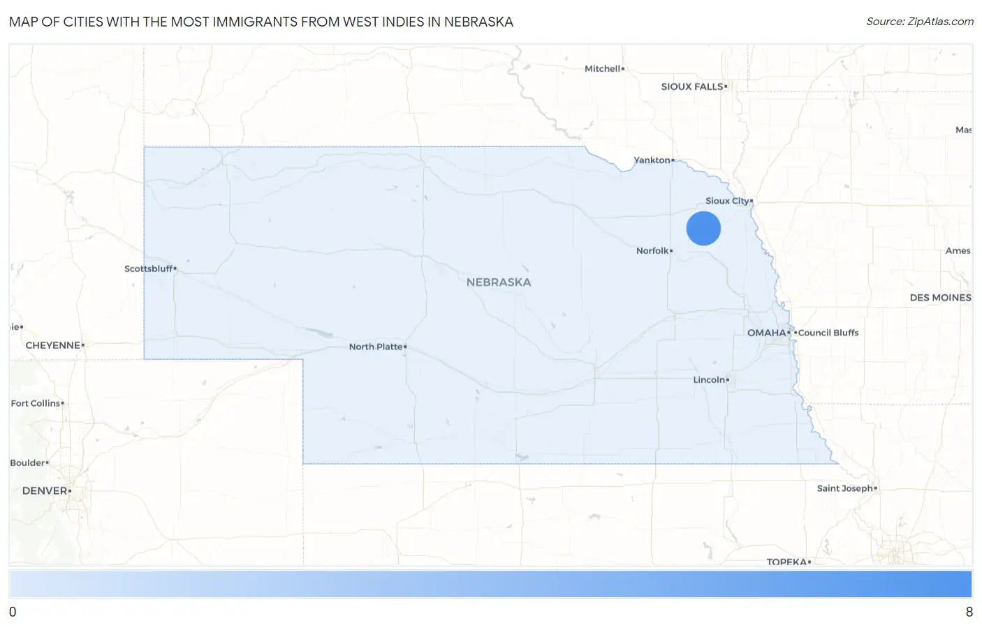 Cities with the Most Immigrants from West Indies in Nebraska Map