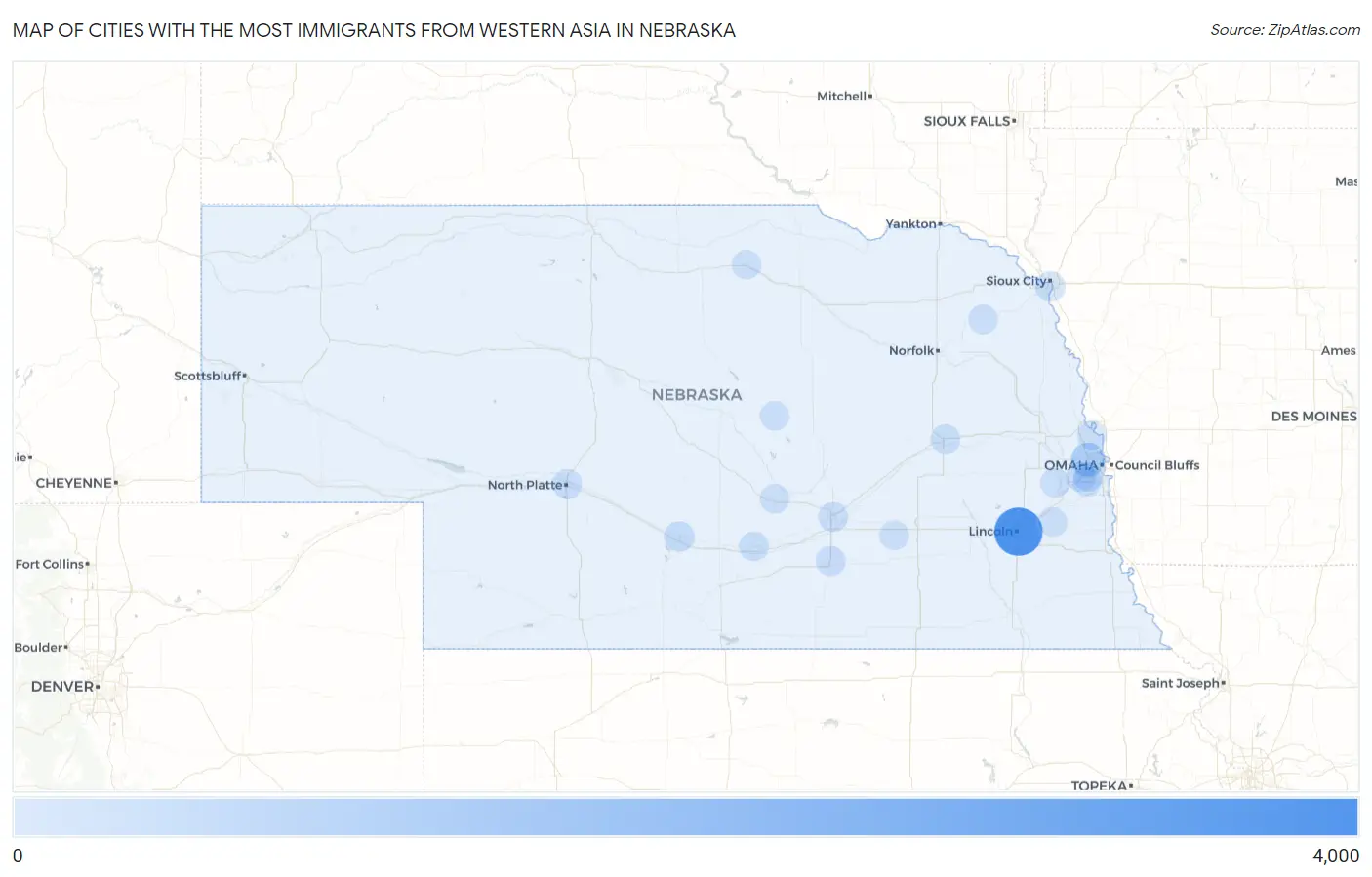 Cities with the Most Immigrants from Western Asia in Nebraska Map