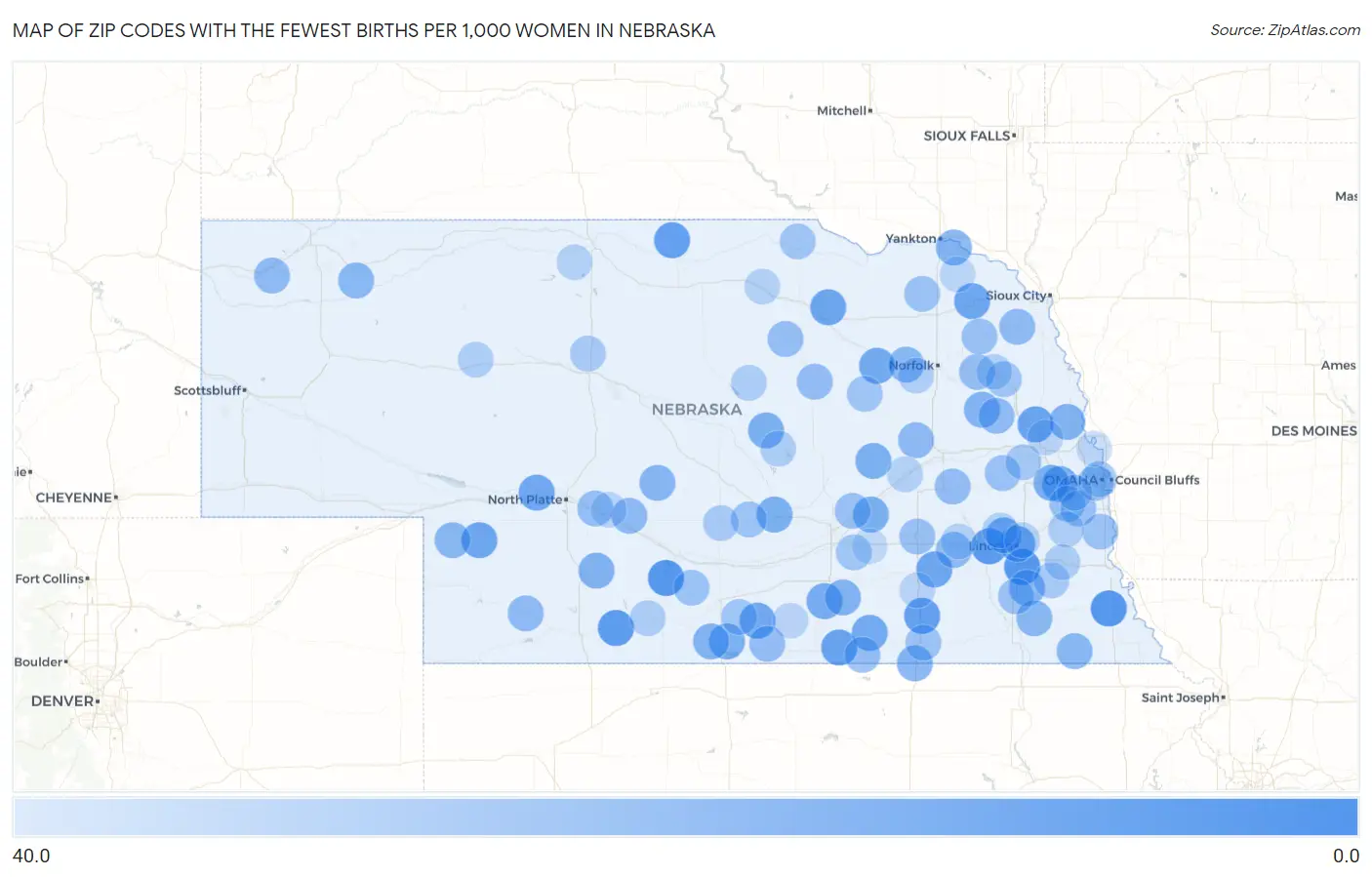 Zip Codes with the Fewest Births per 1,000 Women in Nebraska Map