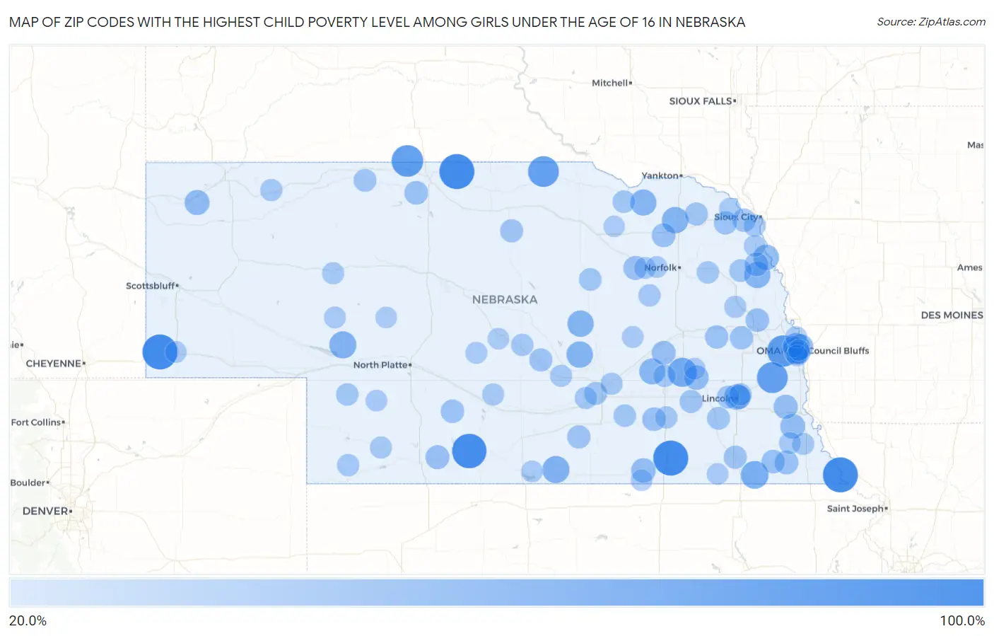 Zip Codes with the Highest Child Poverty Level Among Girls Under the Age of 16 in Nebraska Map