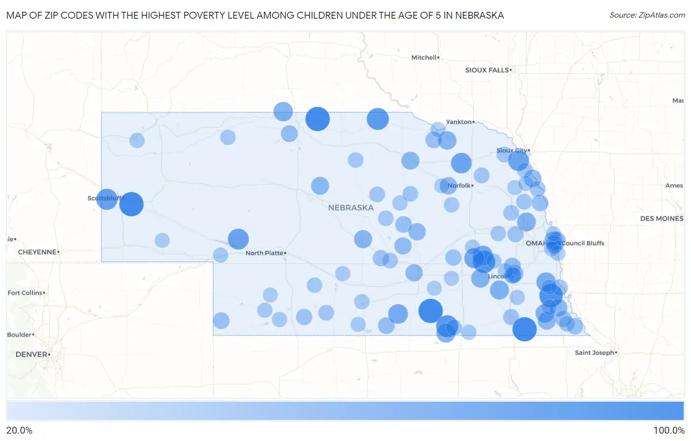 Zip Codes with the Highest Poverty Level Among Children Under the Age of 5 in Nebraska Map