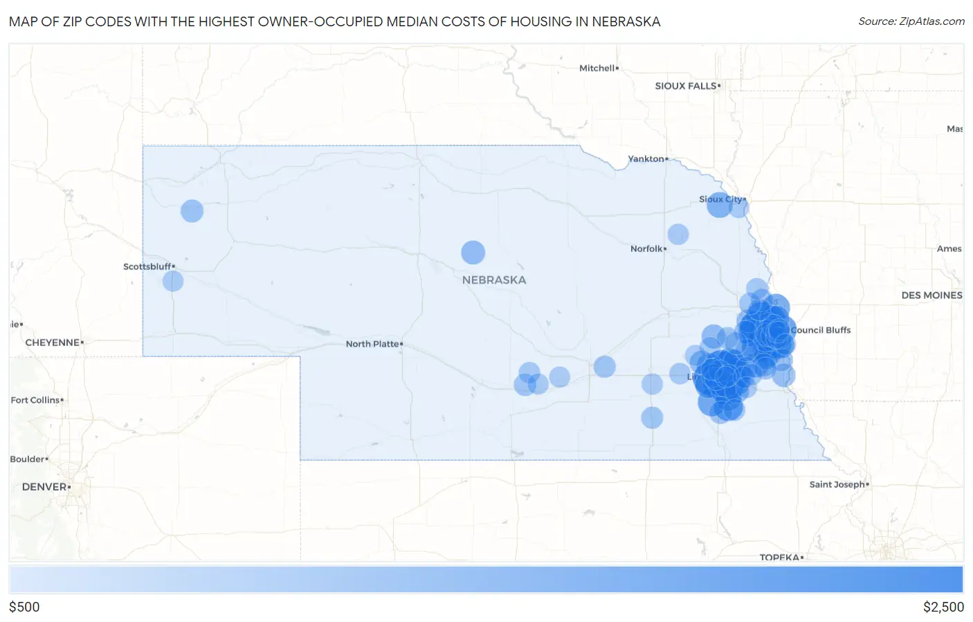 Zip Codes with the Highest Owner-Occupied Median Costs of Housing in Nebraska Map