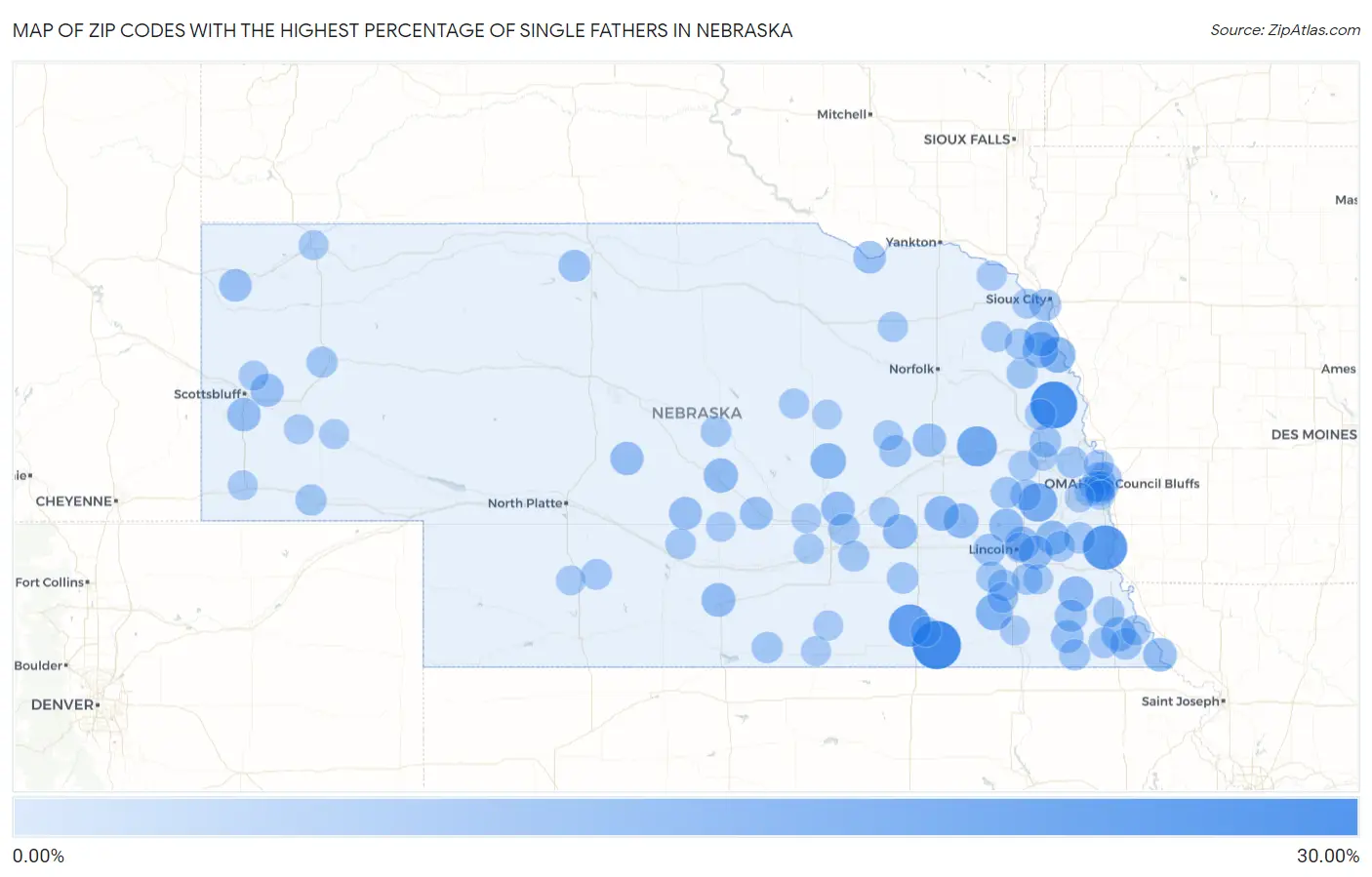 Zip Codes with the Highest Percentage of Single Fathers in Nebraska Map