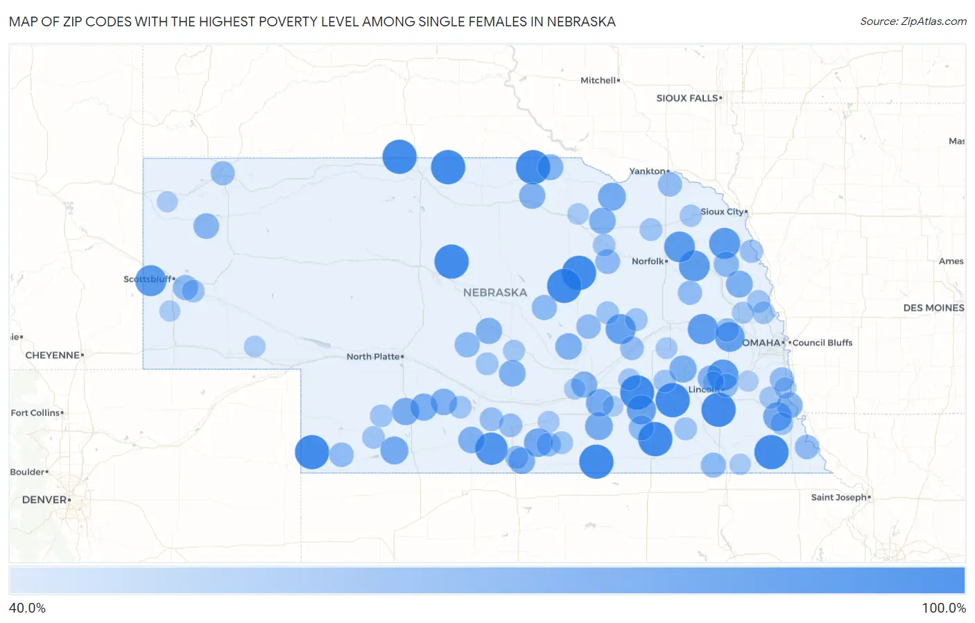 Zip Codes with the Highest Poverty Level Among Single Females in Nebraska Map