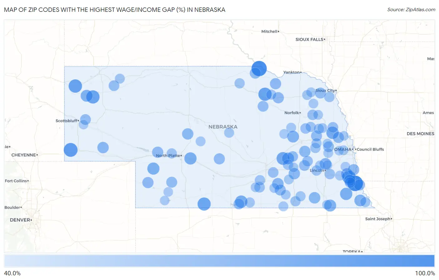 Zip Codes with the Highest Wage/Income Gap (%) in Nebraska Map
