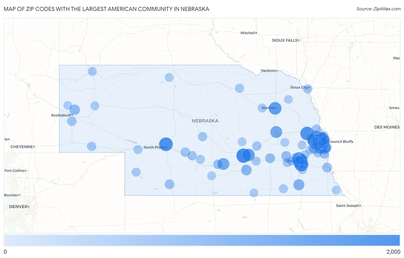 Zip Codes with the Largest American Community in Nebraska Map