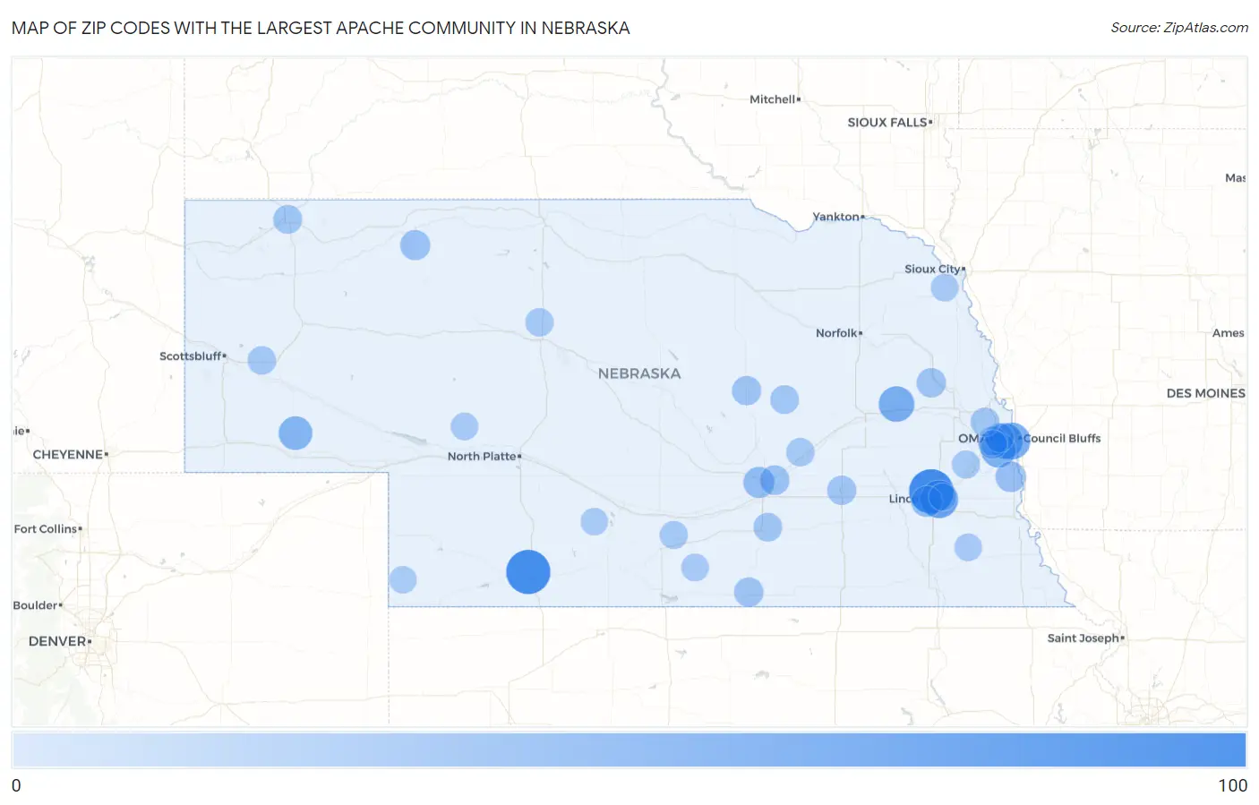 Zip Codes with the Largest Apache Community in Nebraska Map