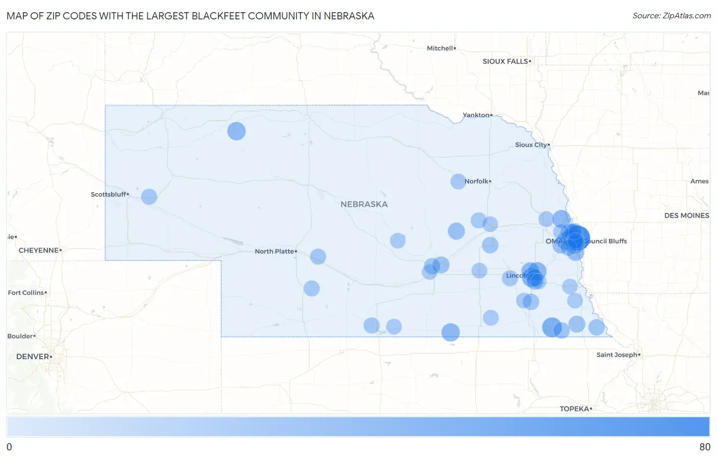 Zip Codes with the Largest Blackfeet Community in Nebraska Map