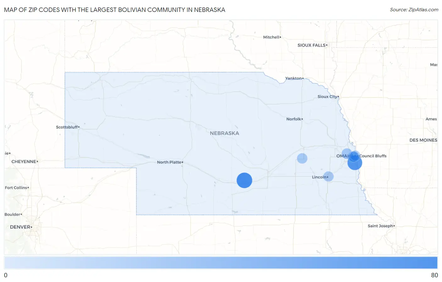 Zip Codes with the Largest Bolivian Community in Nebraska Map