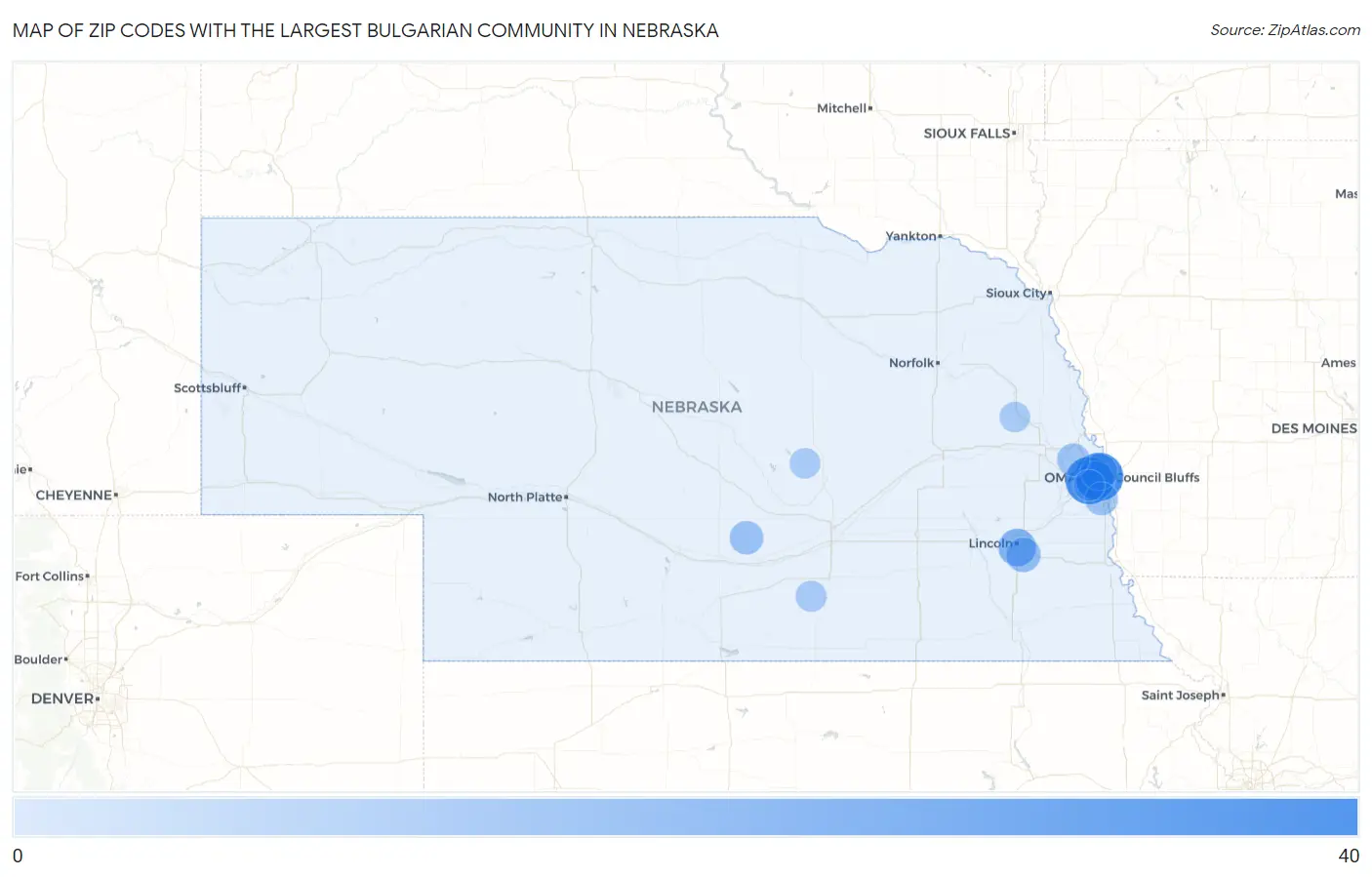 Zip Codes with the Largest Bulgarian Community in Nebraska Map