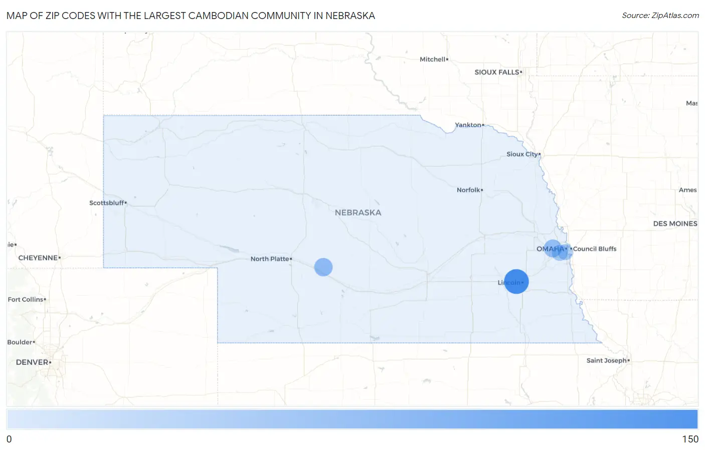 Zip Codes with the Largest Cambodian Community in Nebraska Map