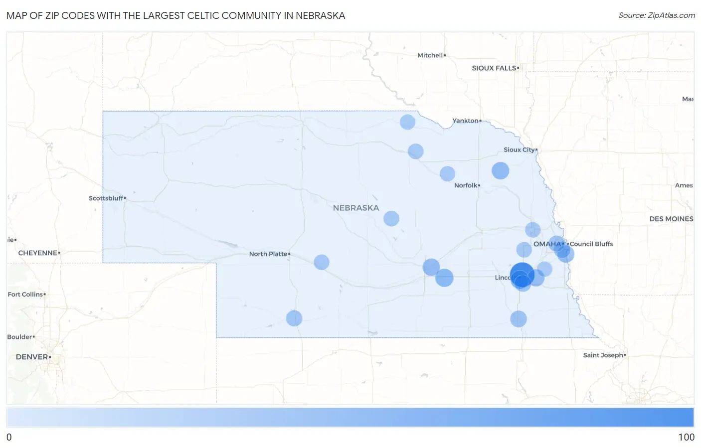 Zip Codes with the Largest Celtic Community in Nebraska Map