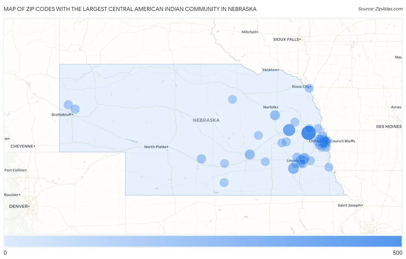 Zip Codes with the Largest Central American Indian Community in Nebraska Map