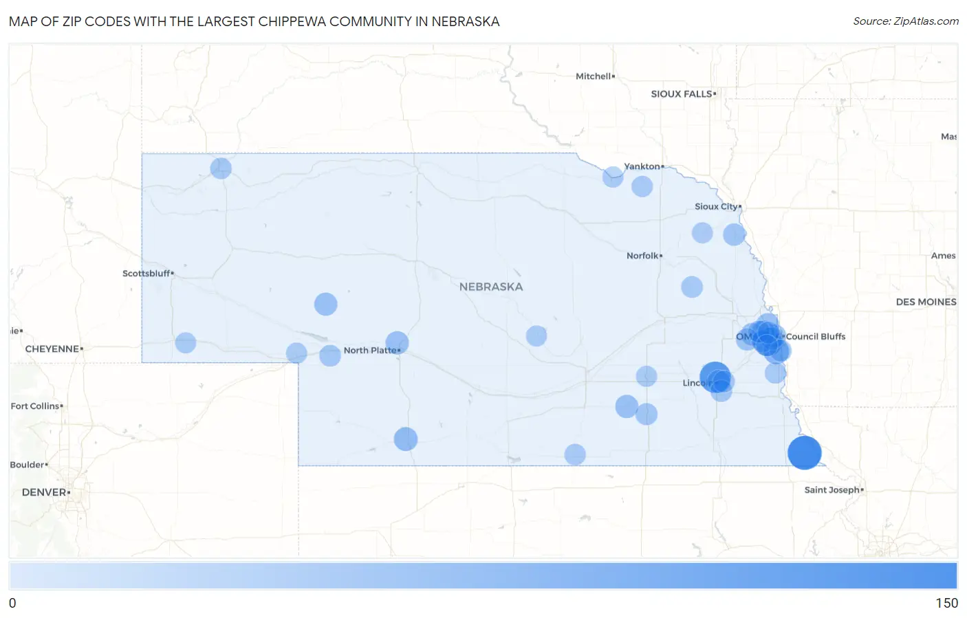 Zip Codes with the Largest Chippewa Community in Nebraska Map