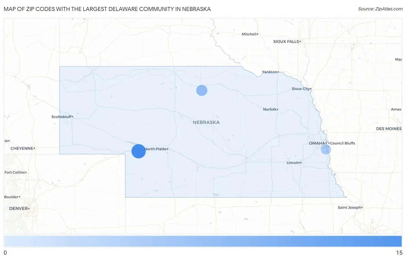 Zip Codes with the Largest Delaware Community in Nebraska Map