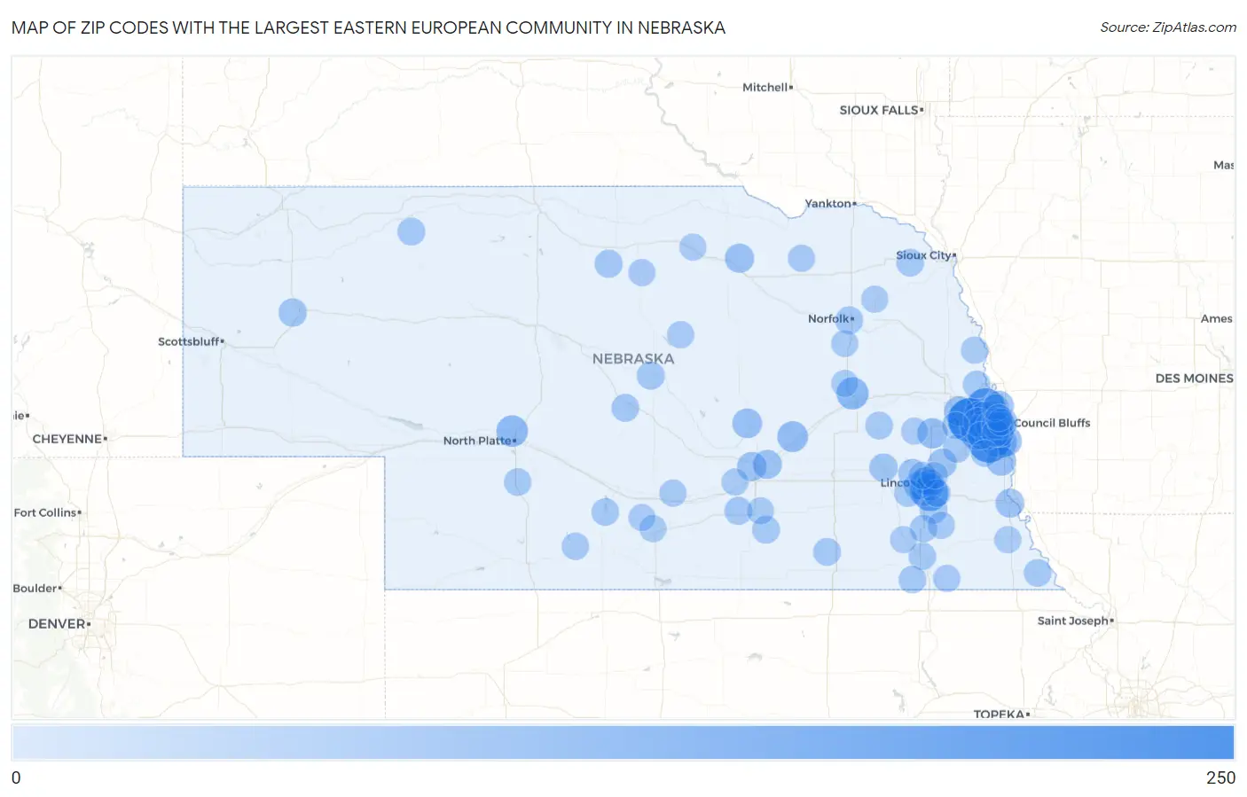 Zip Codes with the Largest Eastern European Community in Nebraska Map