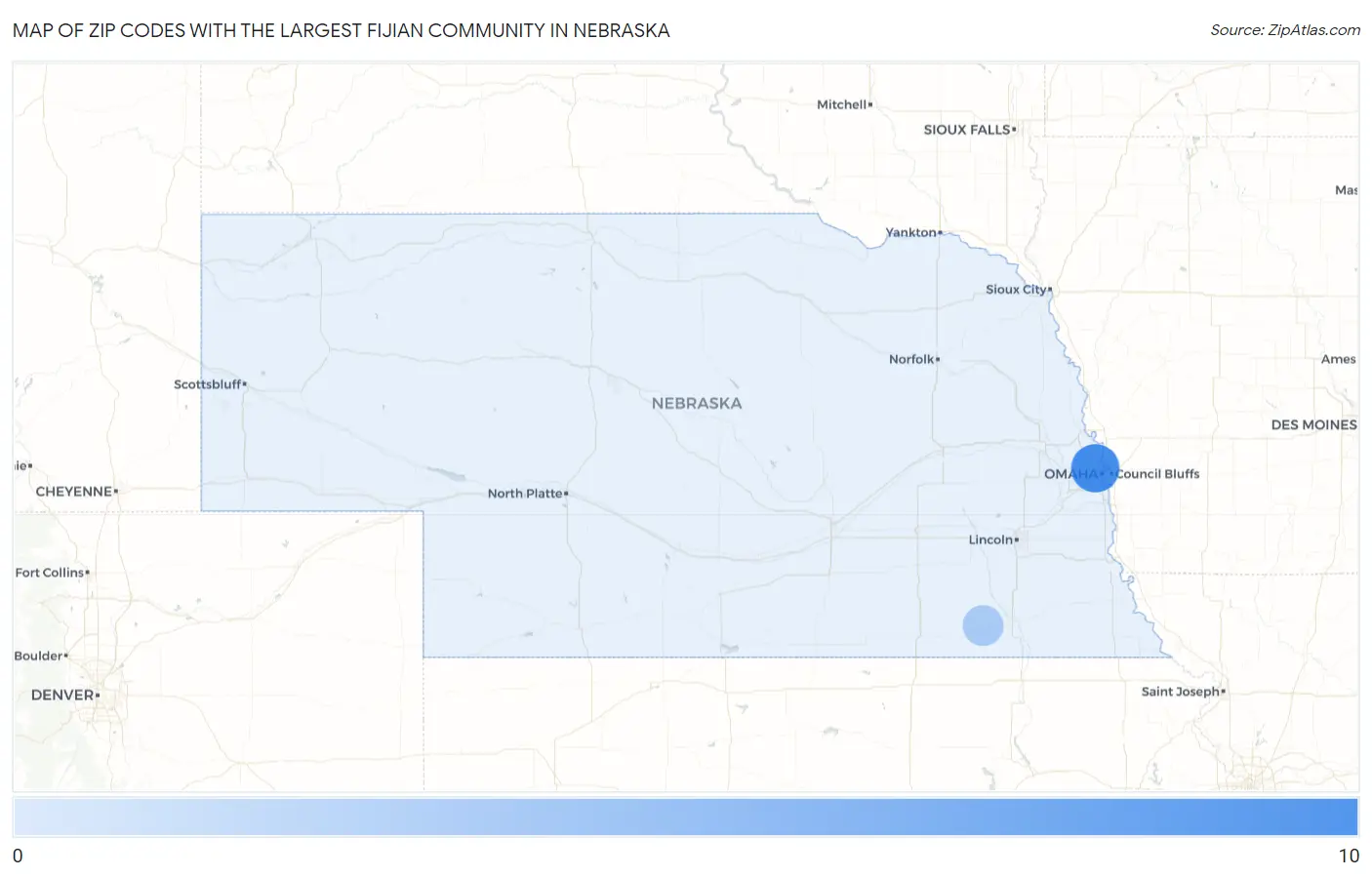 Zip Codes with the Largest Fijian Community in Nebraska Map