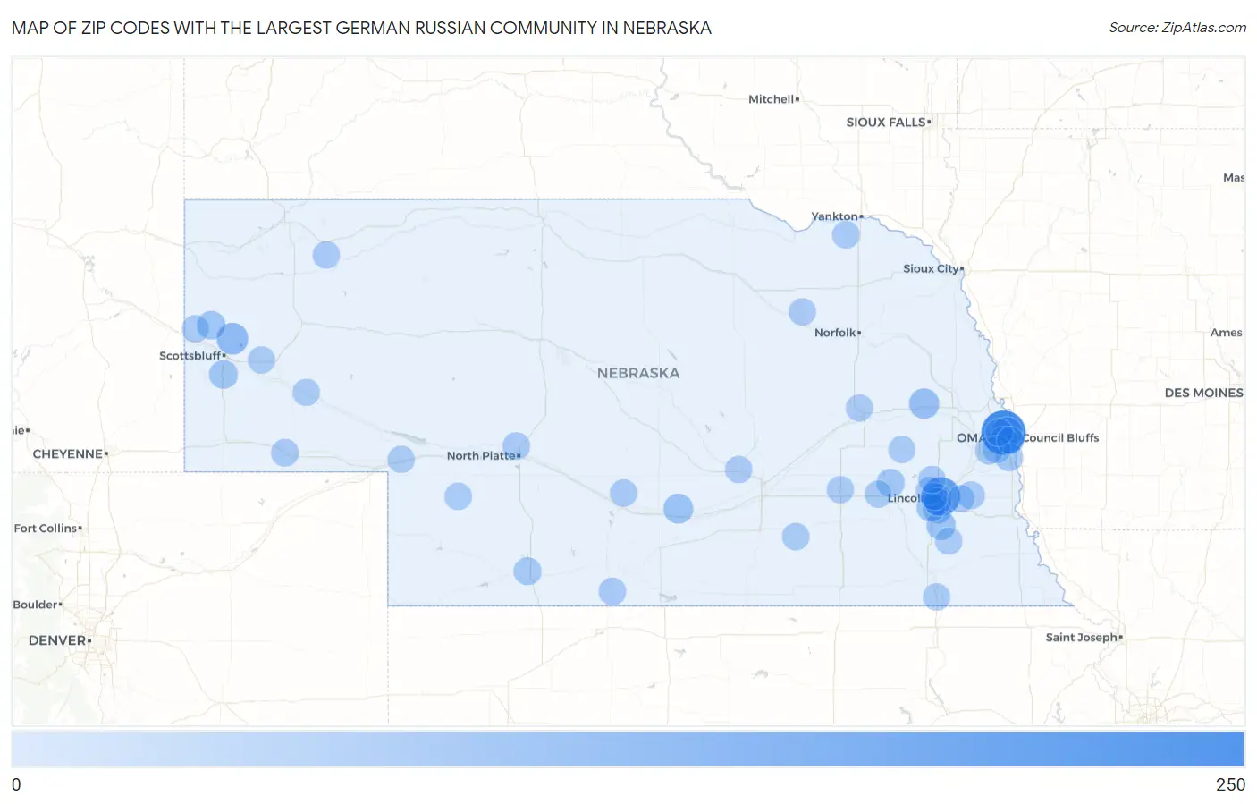 Zip Codes with the Largest German Russian Community in Nebraska Map