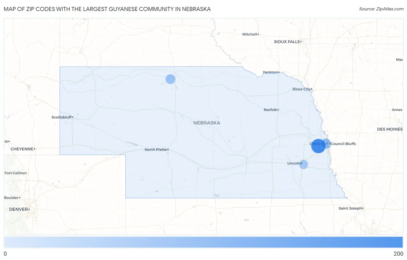 Zip Codes with the Largest Guyanese Community in Nebraska Map