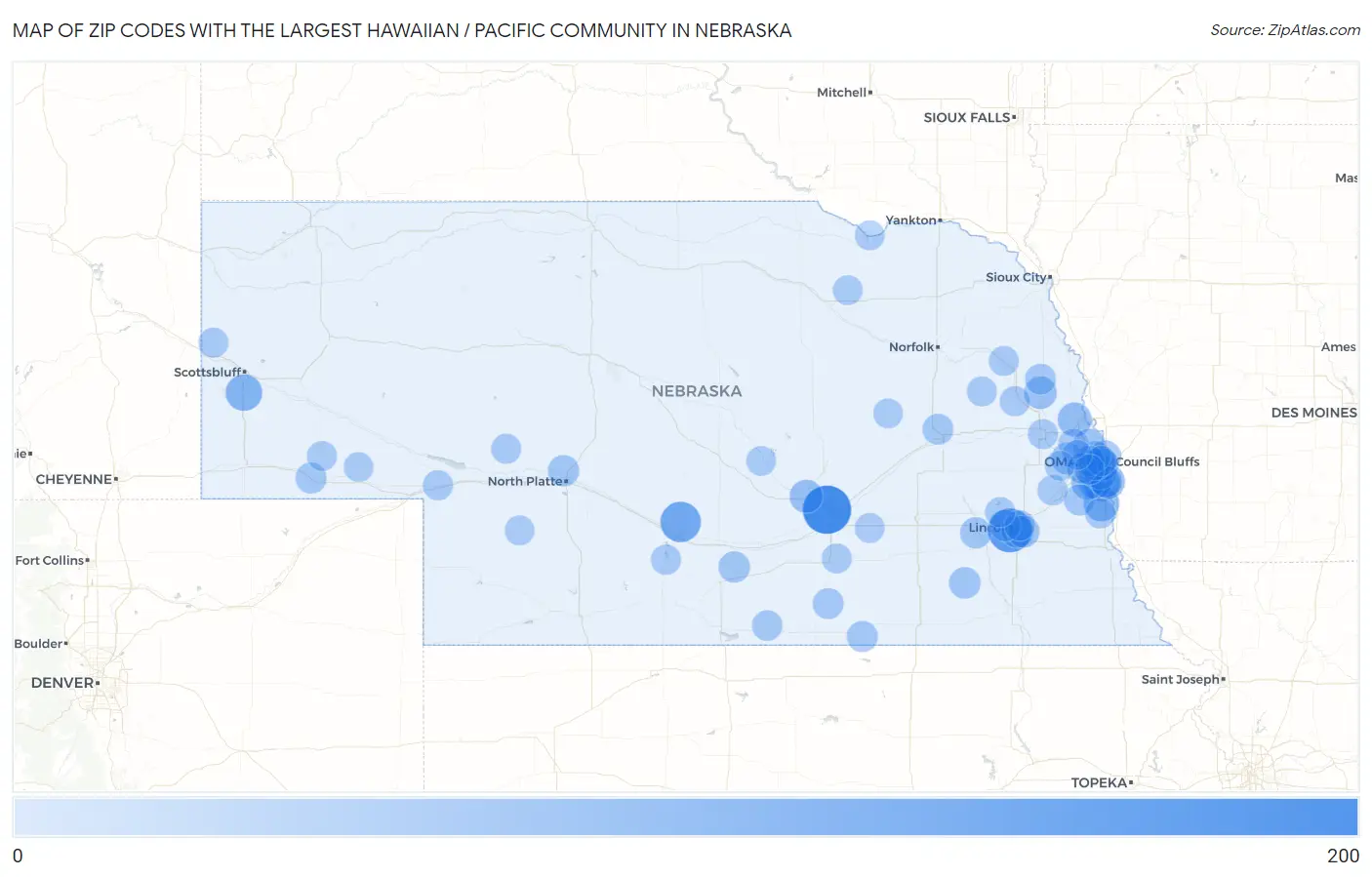 Zip Codes with the Largest Hawaiian / Pacific Community in Nebraska Map