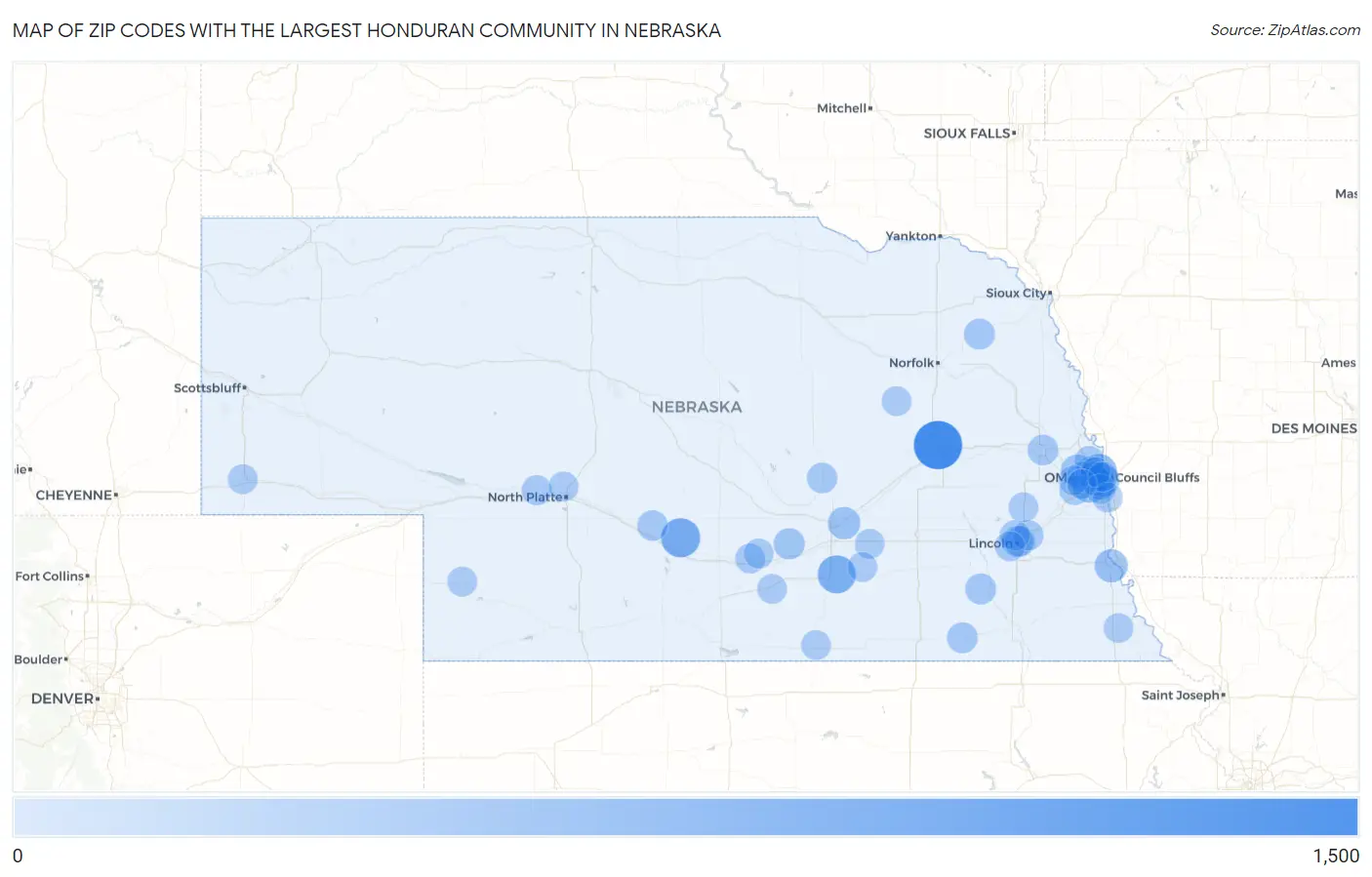 Zip Codes with the Largest Honduran Community in Nebraska Map