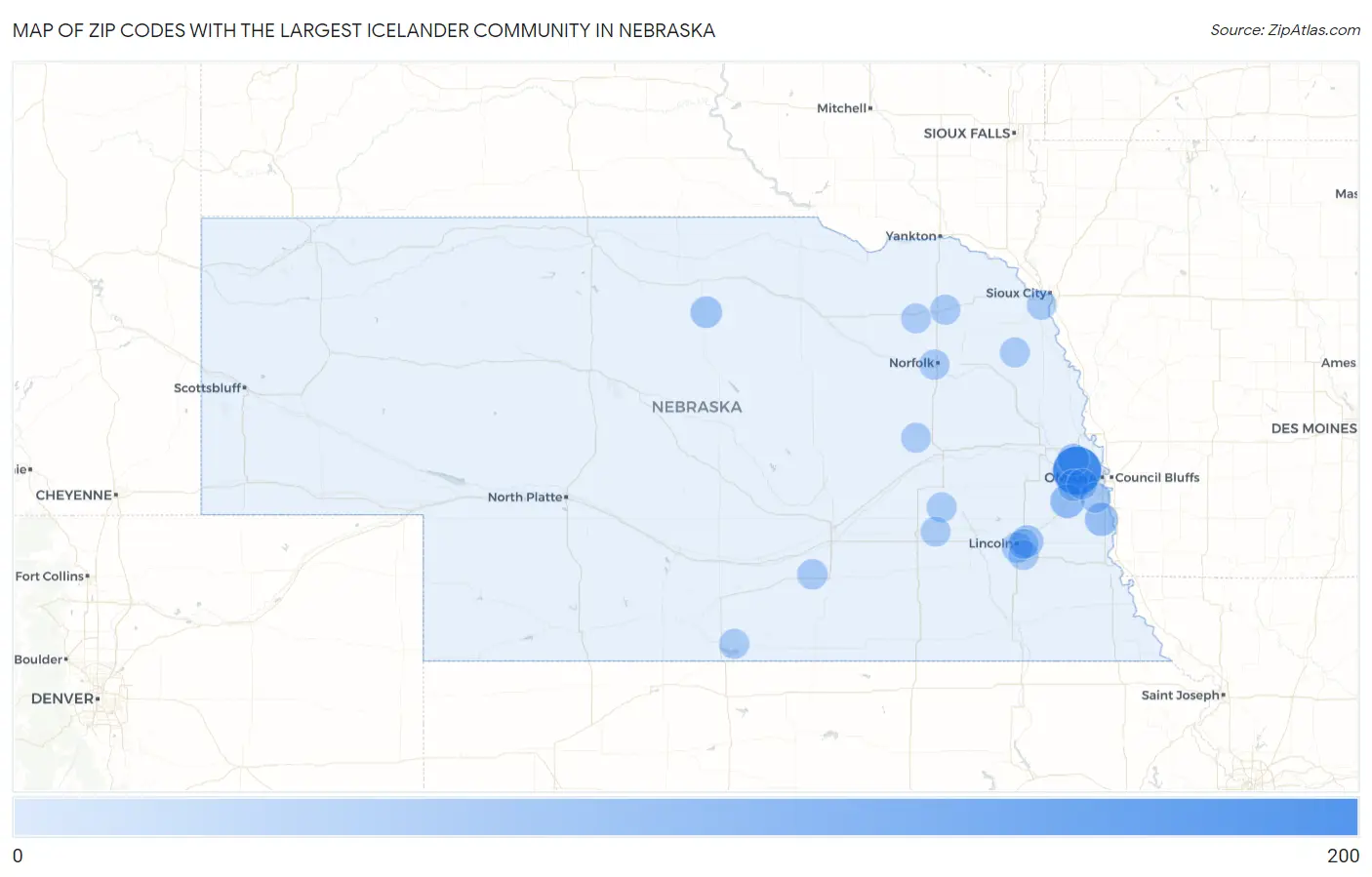 Zip Codes with the Largest Icelander Community in Nebraska Map