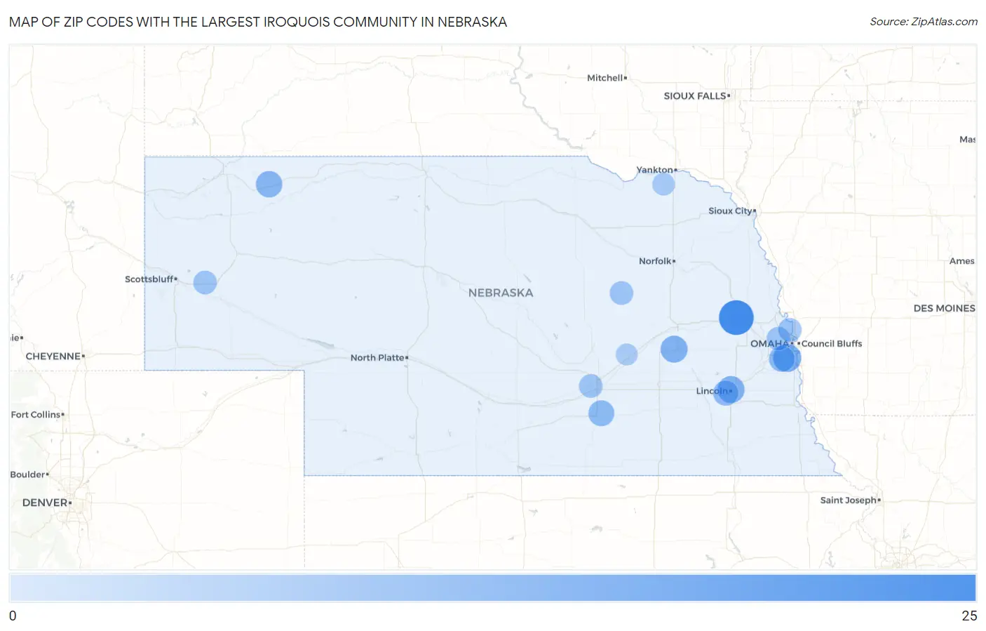 Zip Codes with the Largest Iroquois Community in Nebraska Map