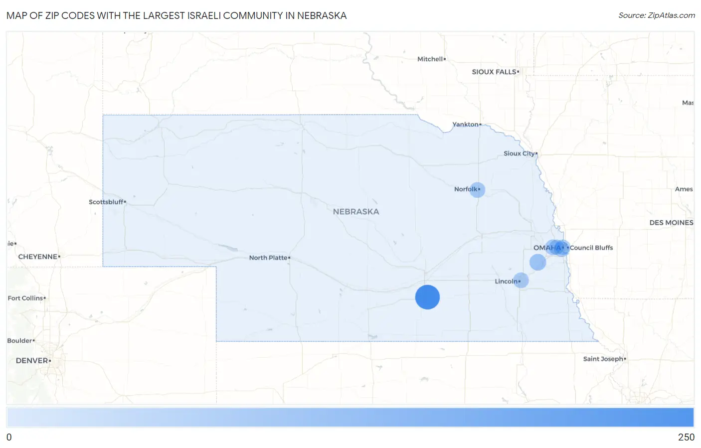 Zip Codes with the Largest Israeli Community in Nebraska Map