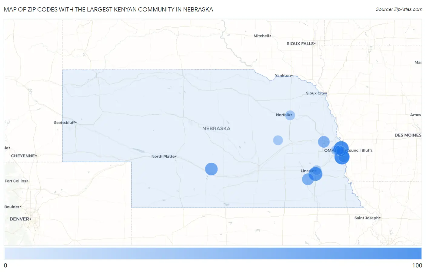 Zip Codes with the Largest Kenyan Community in Nebraska Map