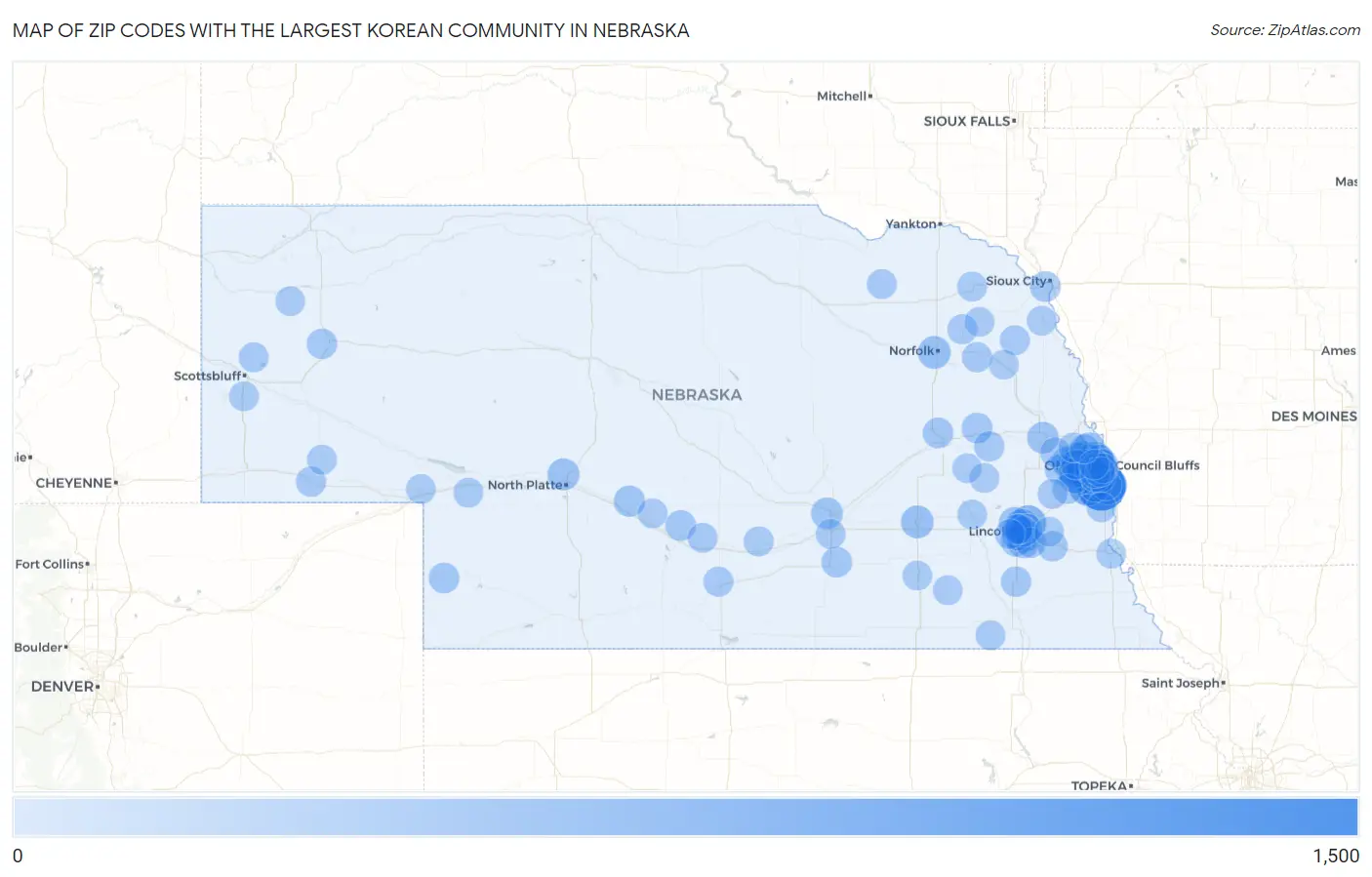 Zip Codes with the Largest Korean Community in Nebraska Map