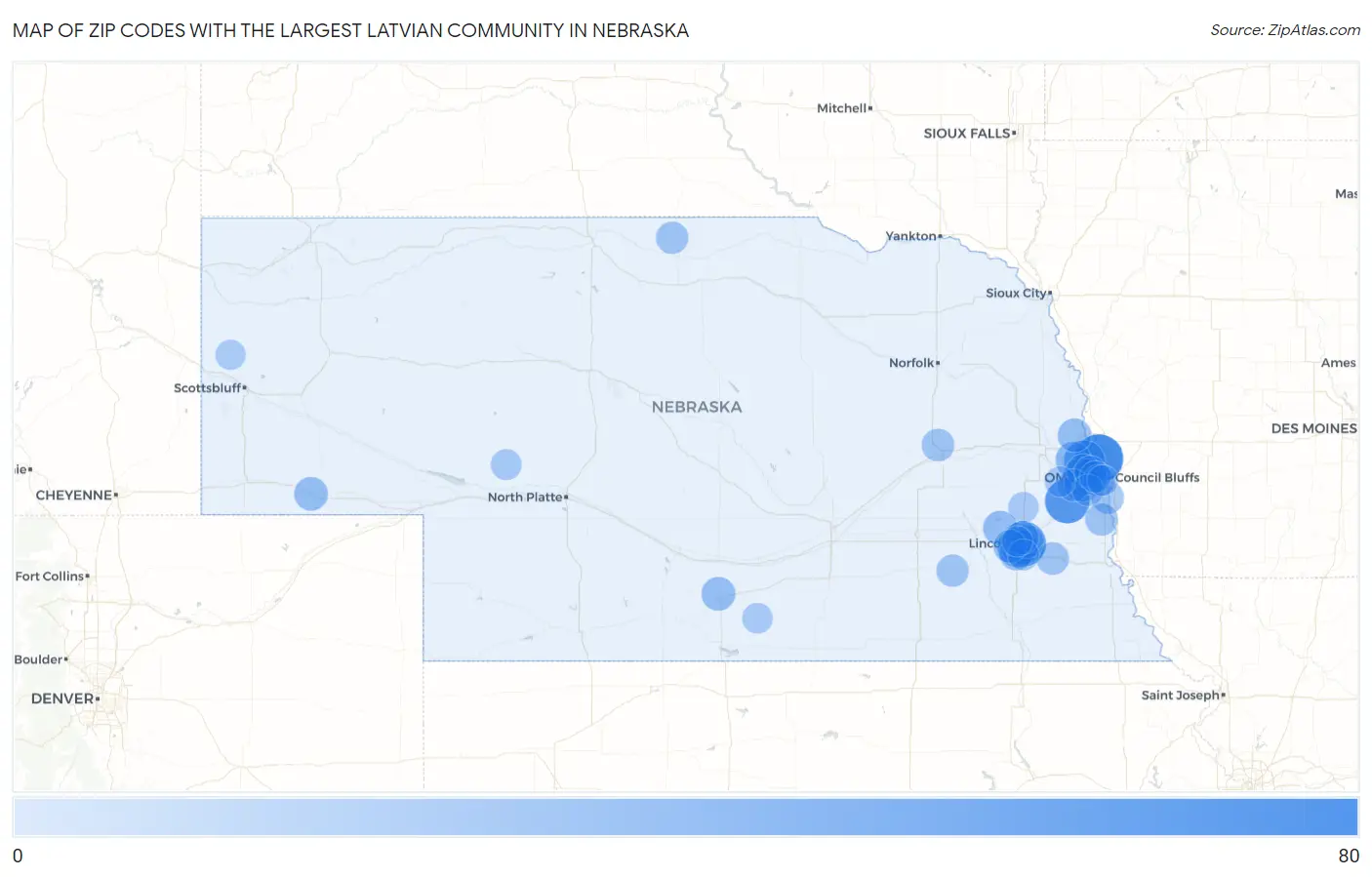 Zip Codes with the Largest Latvian Community in Nebraska Map