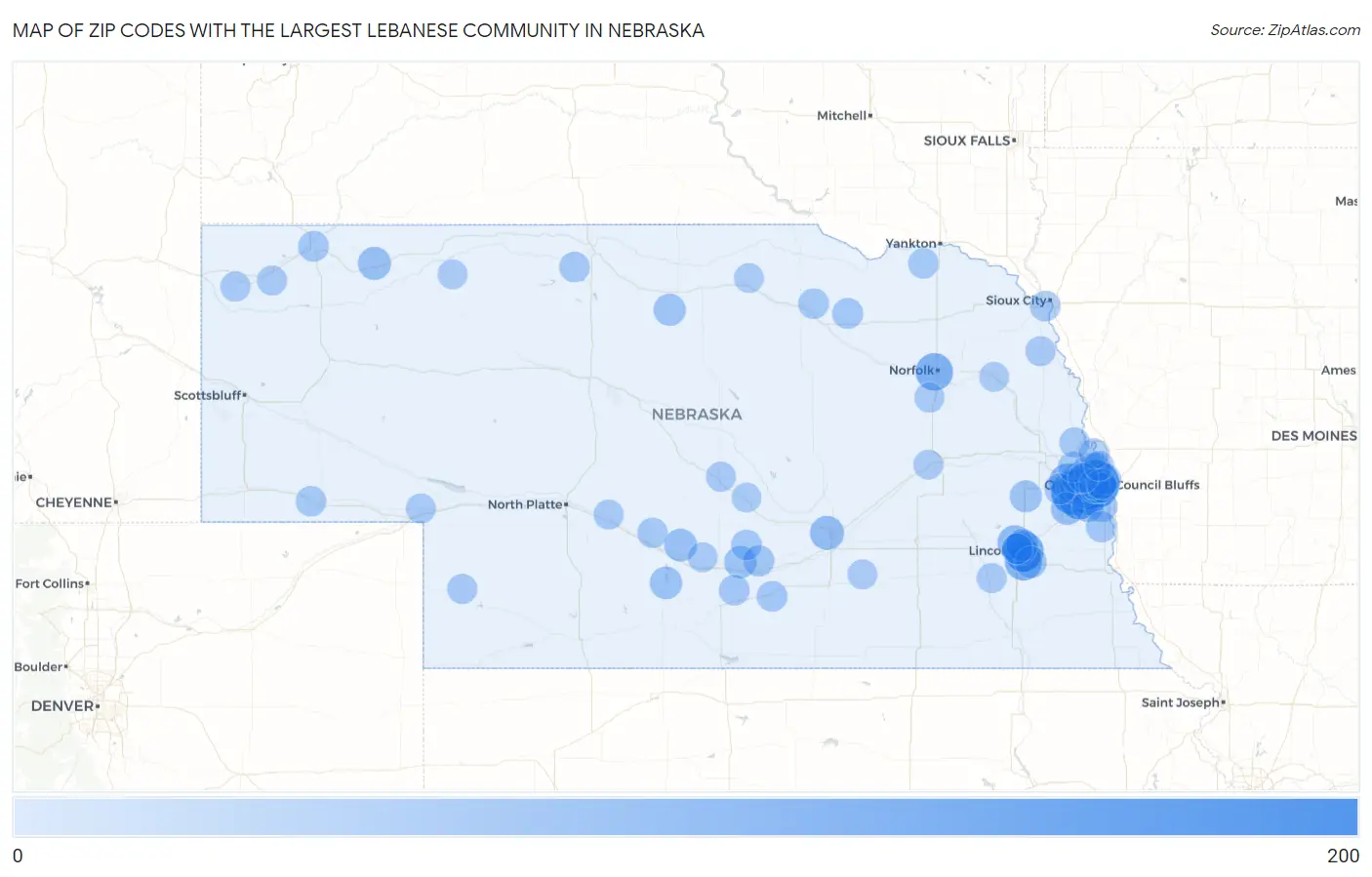 Zip Codes with the Largest Lebanese Community in Nebraska Map