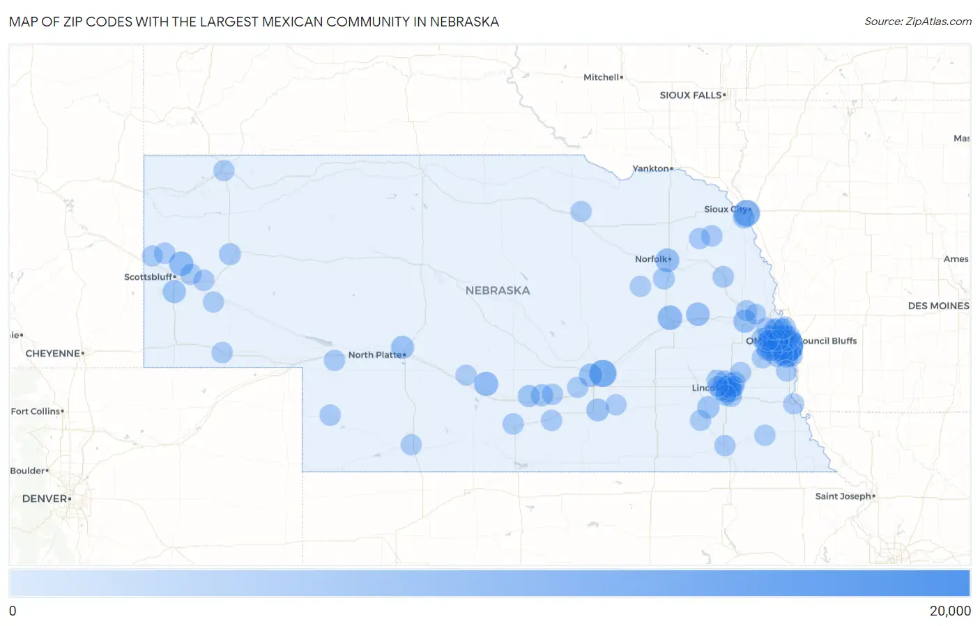 Zip Codes with the Largest Mexican Community in Nebraska Map