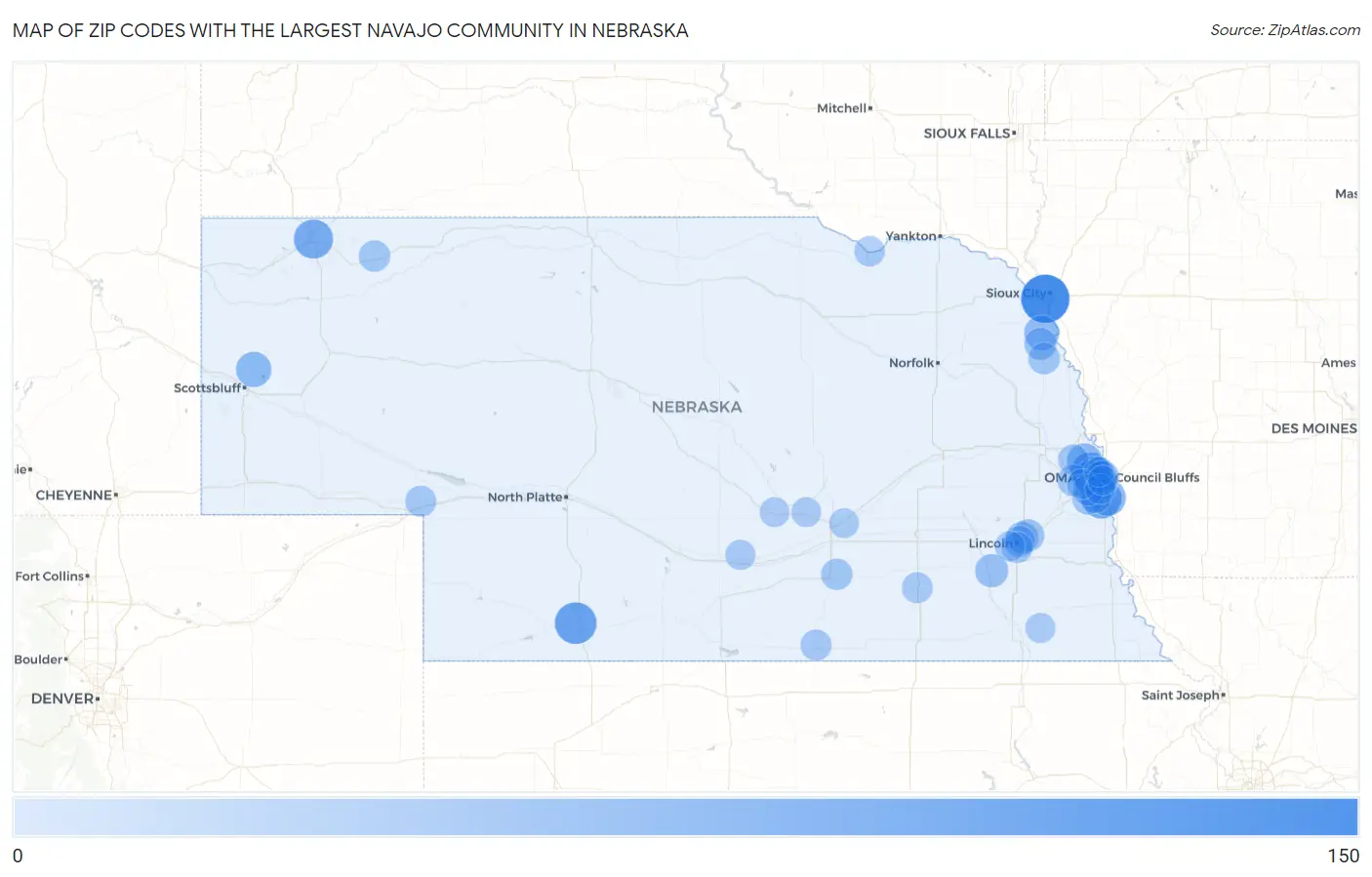 Zip Codes with the Largest Navajo Community in Nebraska Map