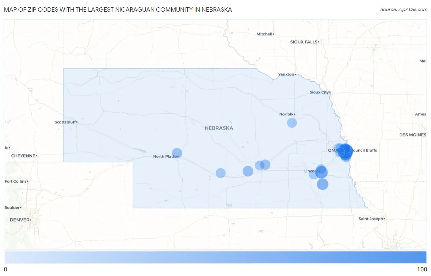 Zip Codes with the Largest Nicaraguan Community in Nebraska Map