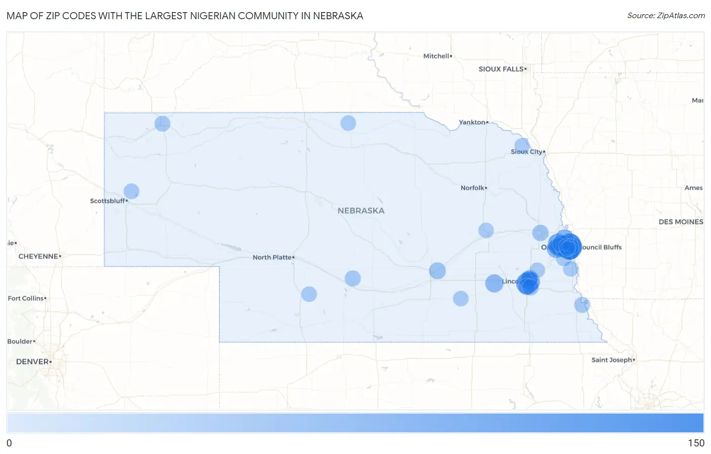 Zip Codes with the Largest Nigerian Community in Nebraska Map