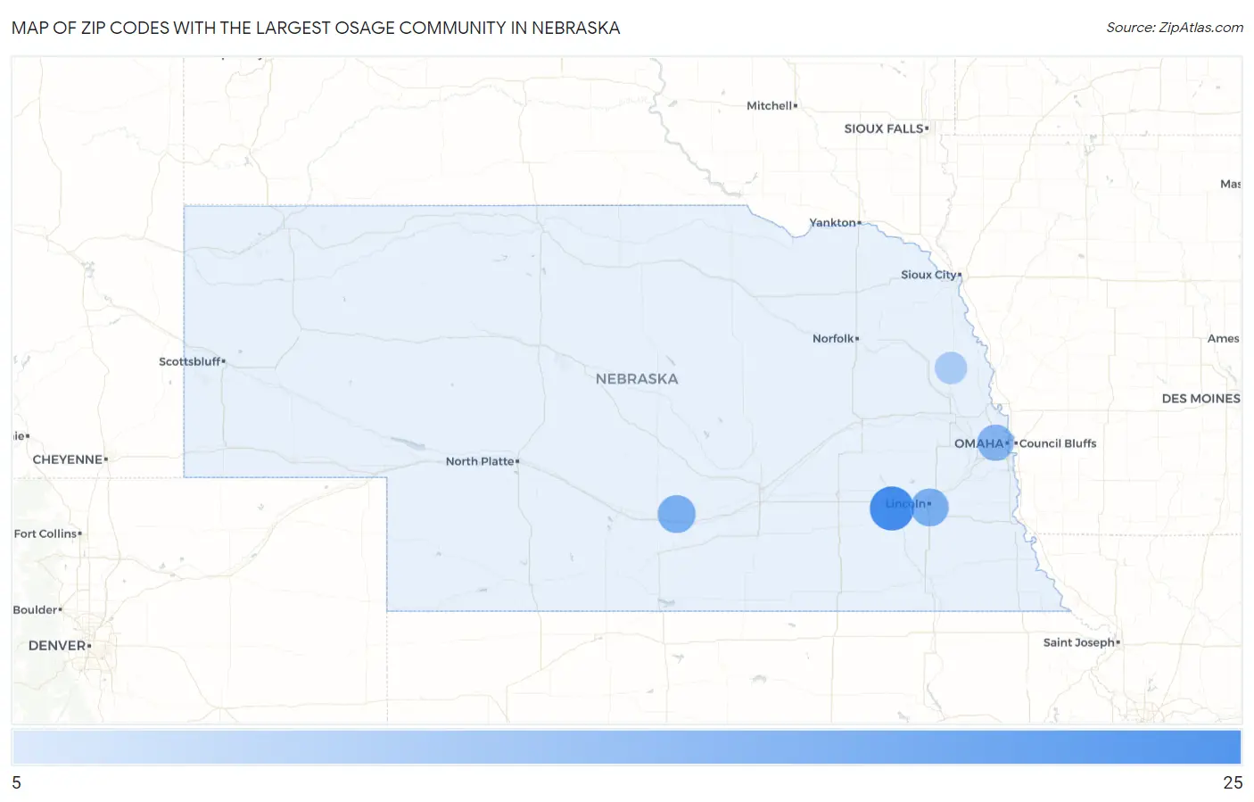 Zip Codes with the Largest Osage Community in Nebraska Map