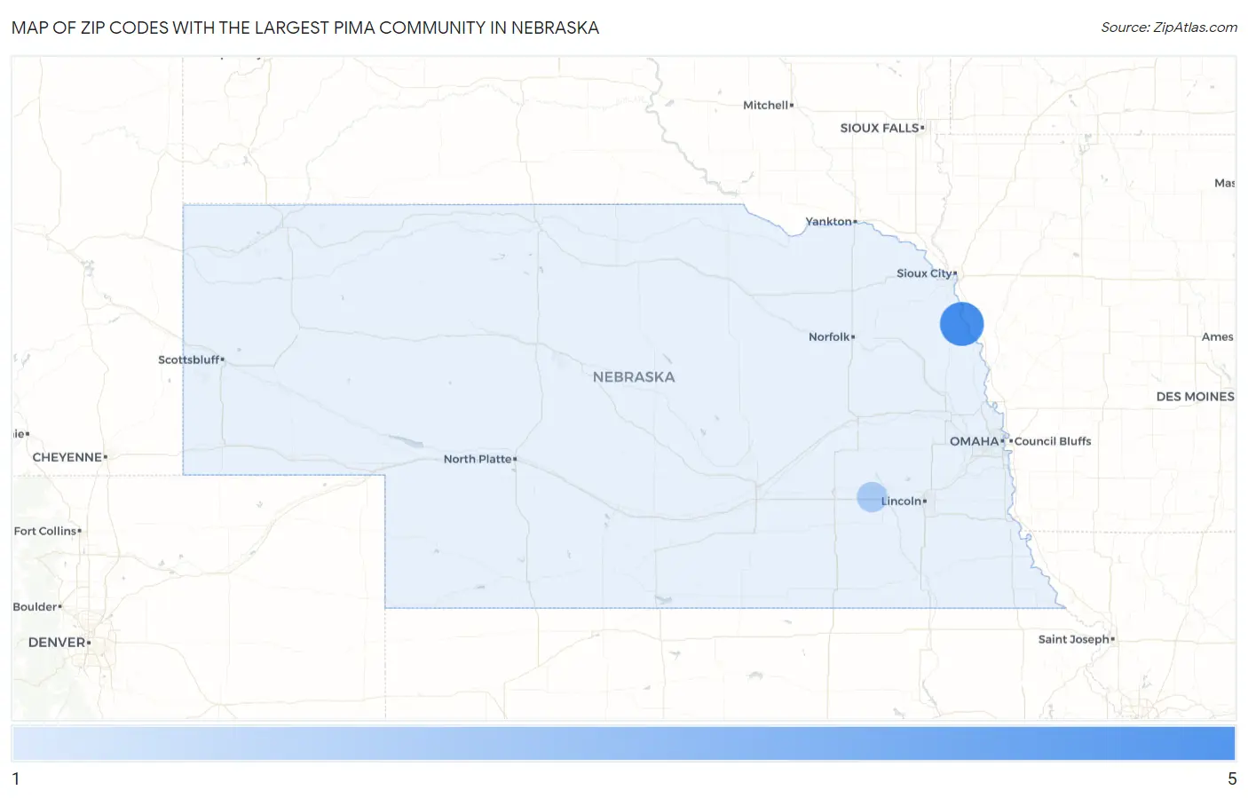 Zip Codes with the Largest Pima Community in Nebraska Map