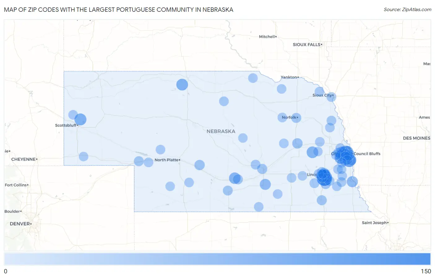 Zip Codes with the Largest Portuguese Community in Nebraska Map
