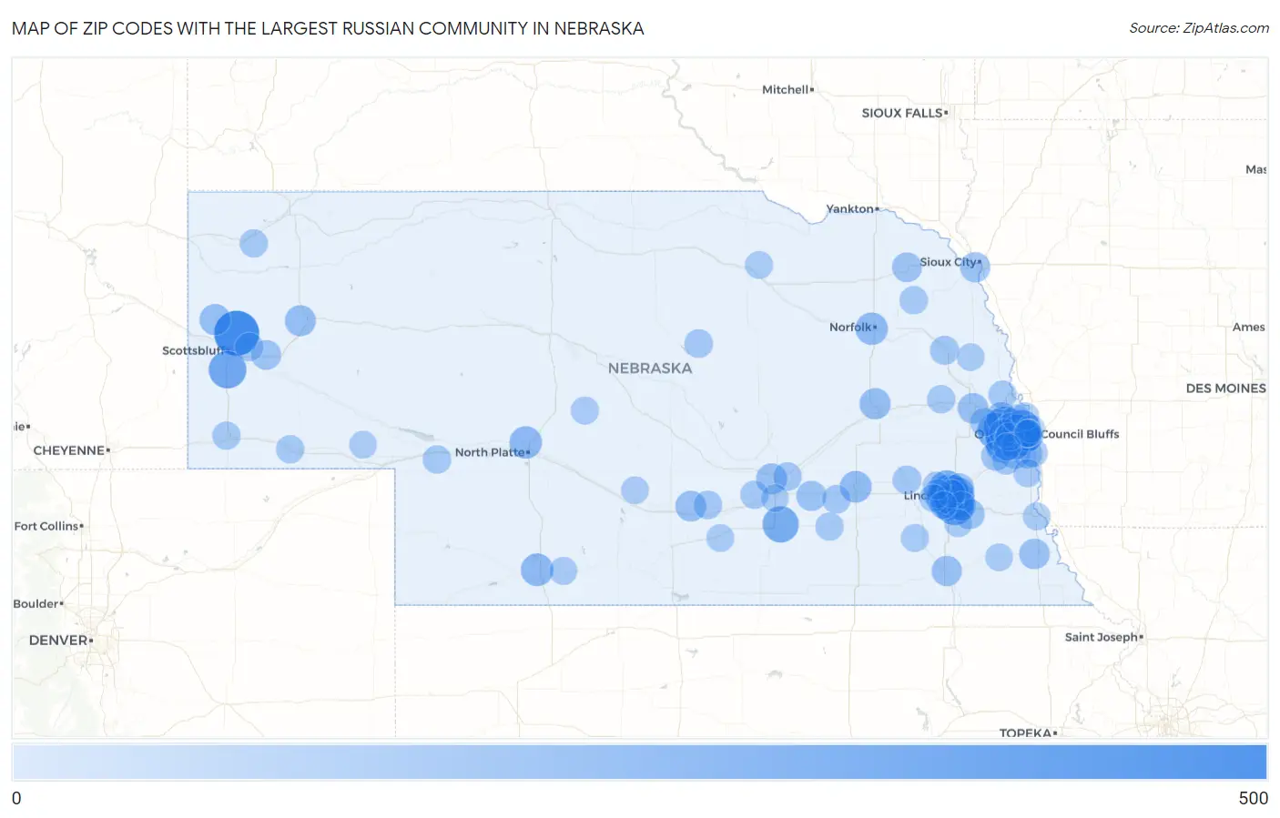 Zip Codes with the Largest Russian Community in Nebraska Map