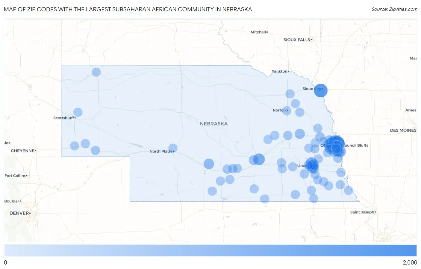 Zip Codes with the Largest Subsaharan African Community in Nebraska Map