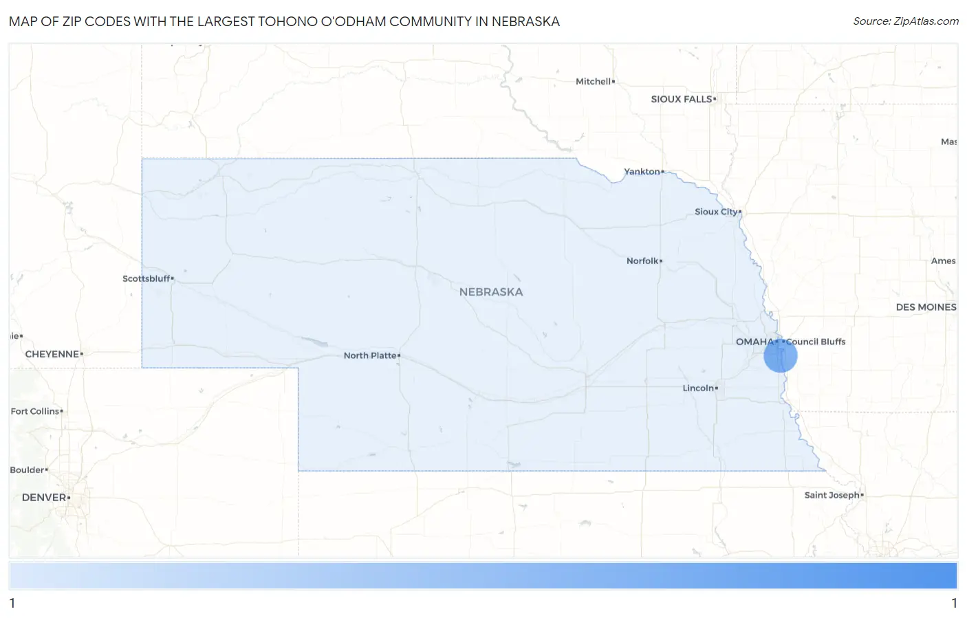 Zip Codes with the Largest Tohono O'Odham Community in Nebraska Map