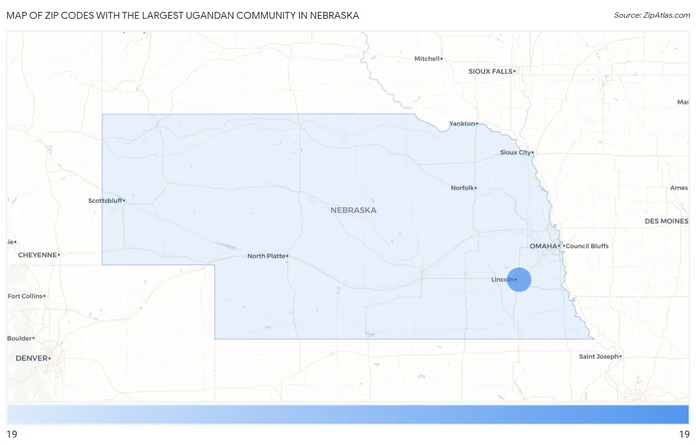 Zip Codes with the Largest Ugandan Community in Nebraska Map