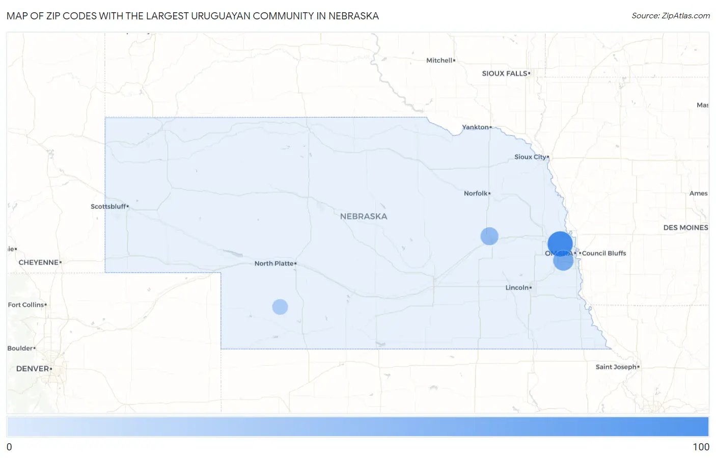 Zip Codes with the Largest Uruguayan Community in Nebraska Map
