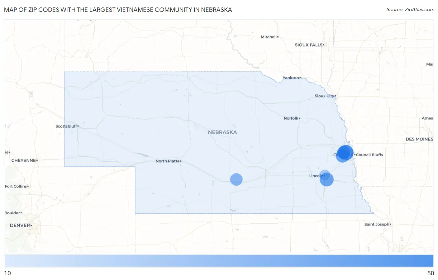 Zip Codes with the Largest Vietnamese Community in Nebraska Map
