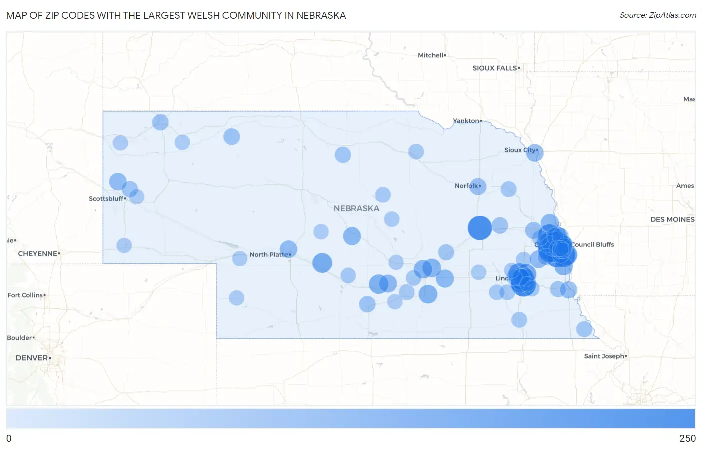 Zip Codes with the Largest Welsh Community in Nebraska Map