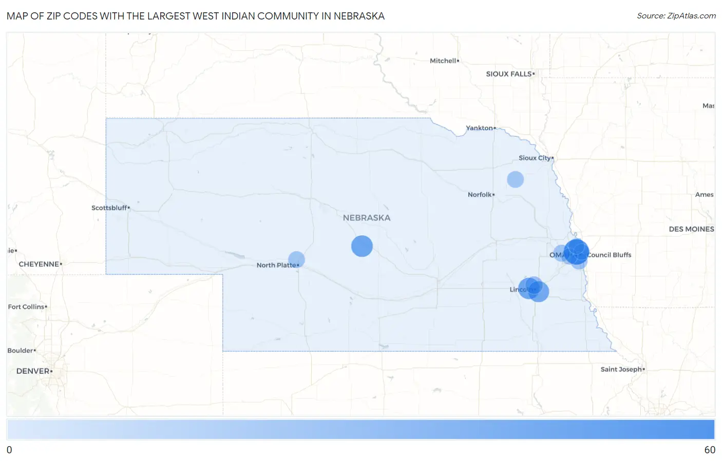 Zip Codes with the Largest West Indian Community in Nebraska Map