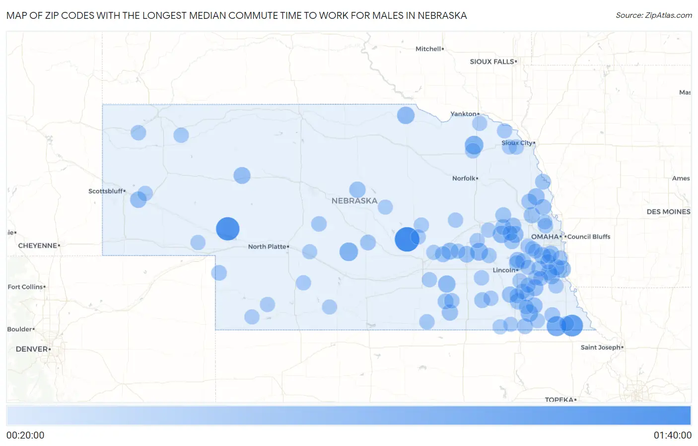 Zip Codes with the Longest Median Commute Time to Work for Males in Nebraska Map